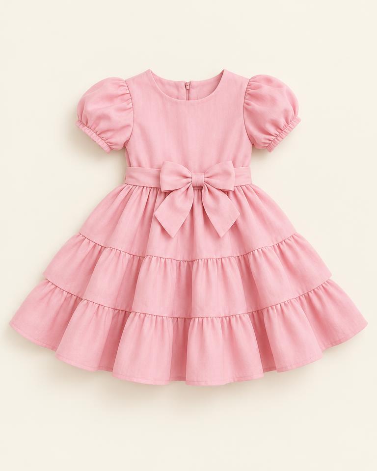Pink Girls' Tiered Puff-Sleeve Frock
