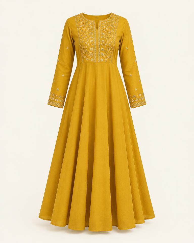 Mustard Yellow Embroidered Flared Anarkali Kurta