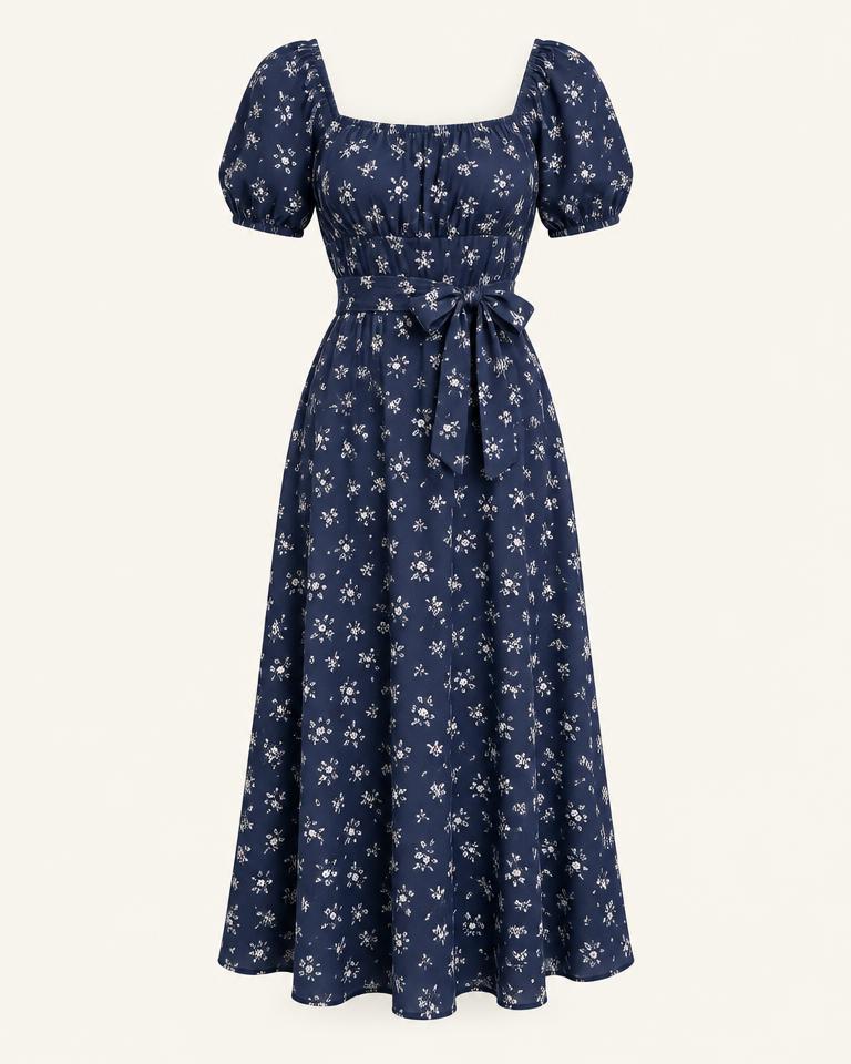 Navy Blue Floral Puff-Sleeve Midi Dress