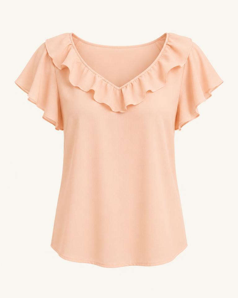 Peach Ruffle-Neck Flutter Sleeve Top
